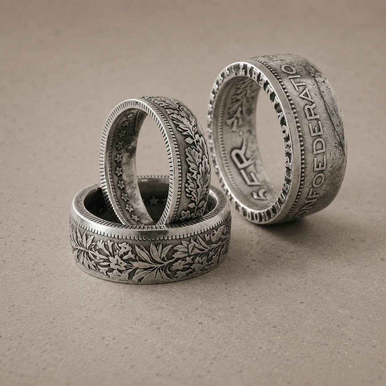 Trois bagues Coin Ring en argent patiné montrant la gravure Confœderatio Helvetica et les motifs floraux de la pièce d'origine