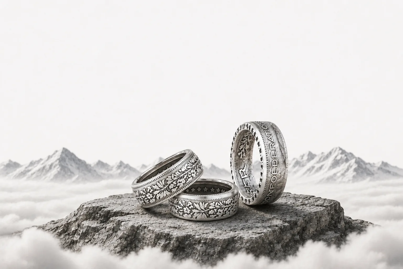Trois bagues Coin Ring en argent posées sur une pierre, avec les Alpes suisses en arrière-plan
