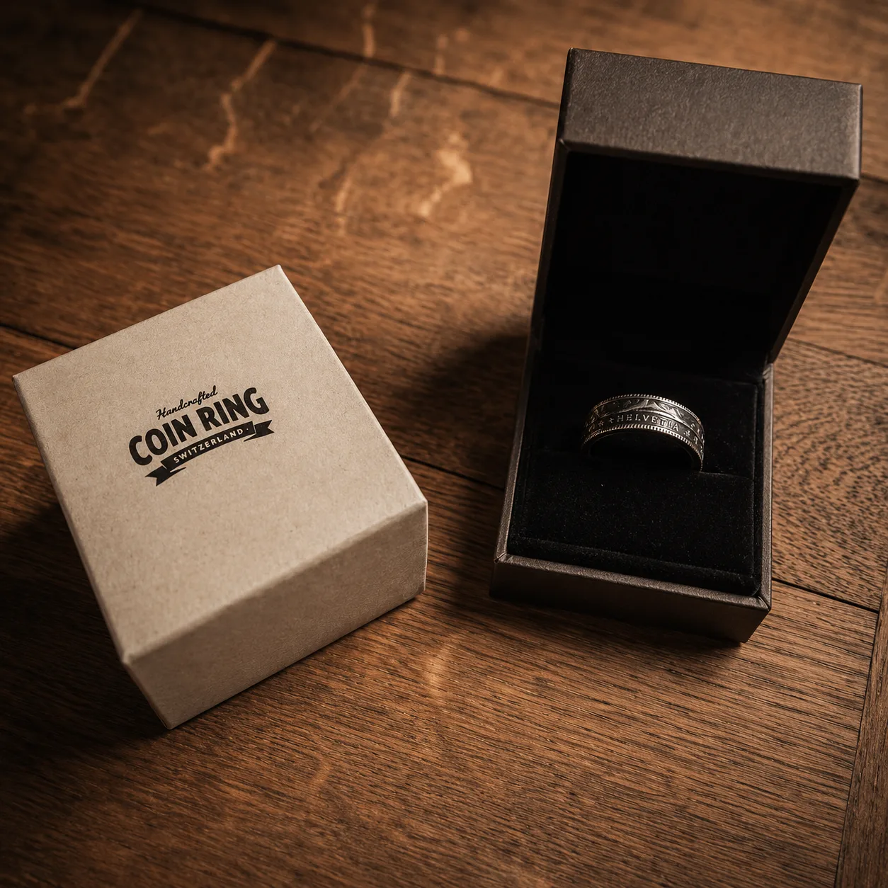 Bague Coin Ring dans un écrin, prête à offrir